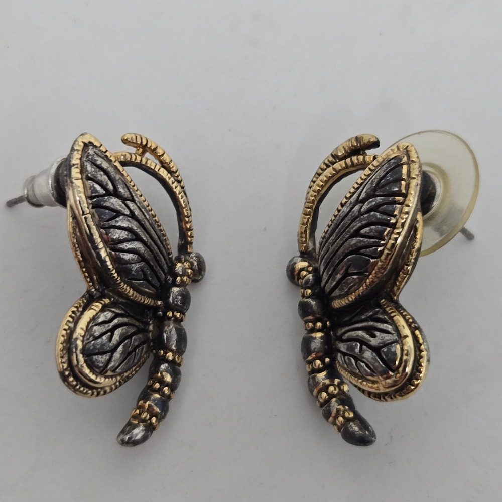 Vintage Two Tone Butterfly Stud Earrings Silver Gold Tone Insect Whimsical MJ XX